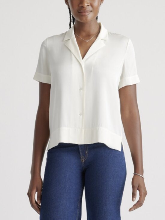 Quince Tops - NWT Quince Washable Stretch Silk Short Sleeve Notch Collar Blouse Ivory Sz Large